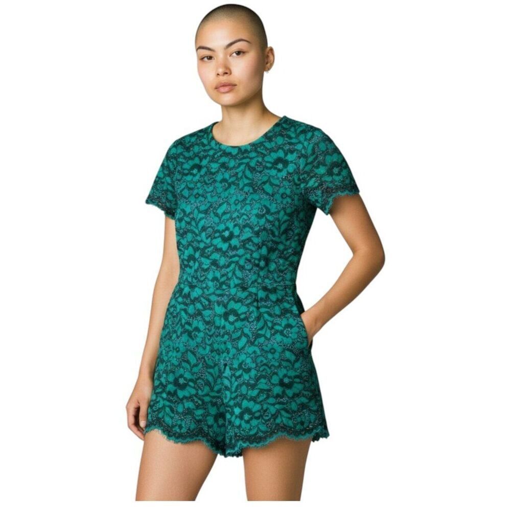 Zara Woman Green Lace Short Sleeve Romper Playsuit Pockets XS Party